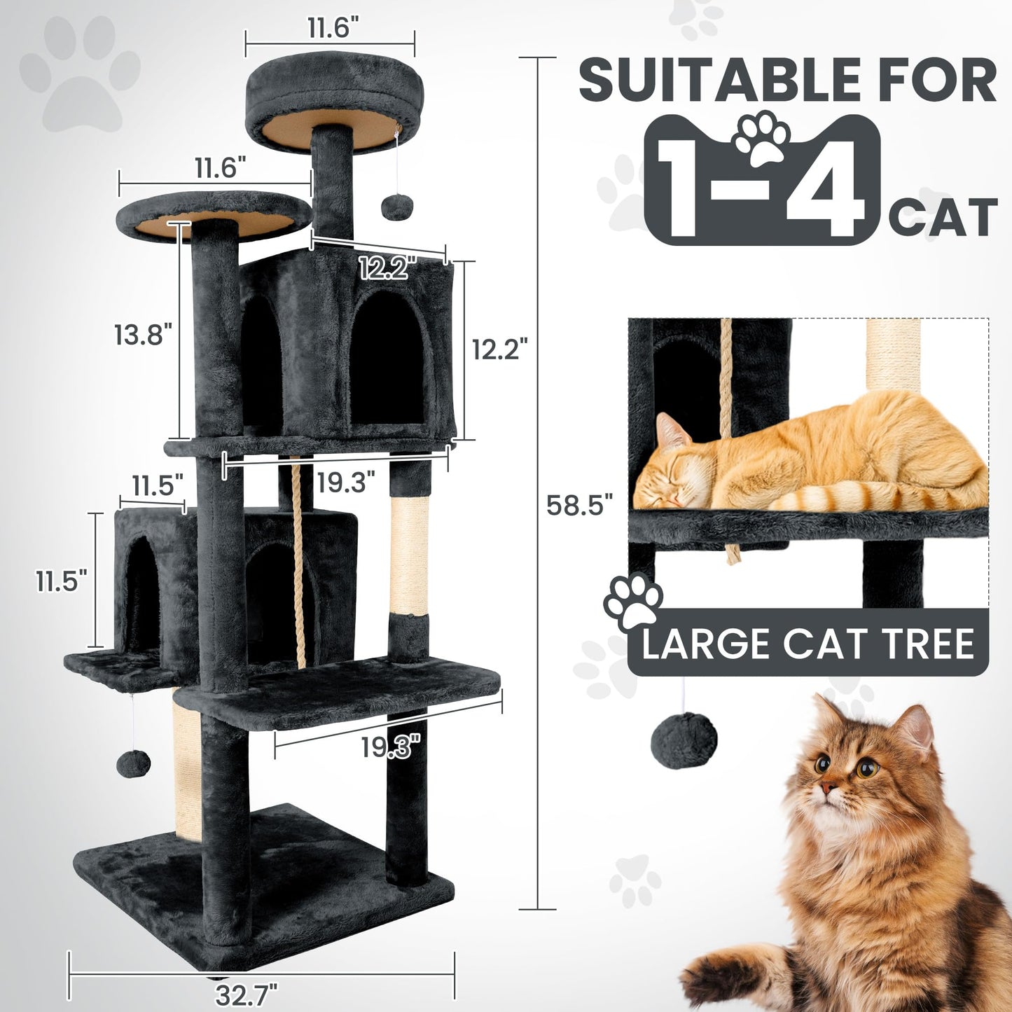 TSCOMON 58.5inch Large Cat Tree Tower Condo for Indoor Cats, Soft Plush Multi-Level Climbing Tree Cat House with 1 360° Rotating Cat Cave, Scratching Post, More Entrance/Exit, Sisal Rope, Grey Black