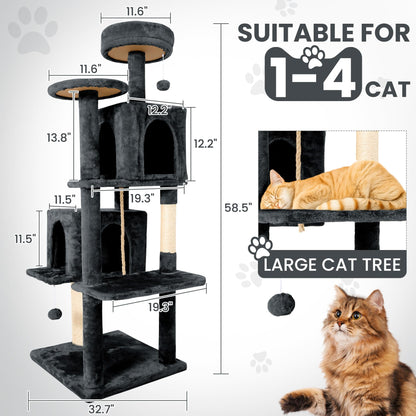 TSCOMON 58.5inch Large Cat Tree Tower Condo for Indoor Cats, Soft Plush Multi-Level Climbing Tree Cat House with 1 360° Rotating Cat Cave, Scratching Post, More Entrance/Exit, Sisal Rope, Grey Black