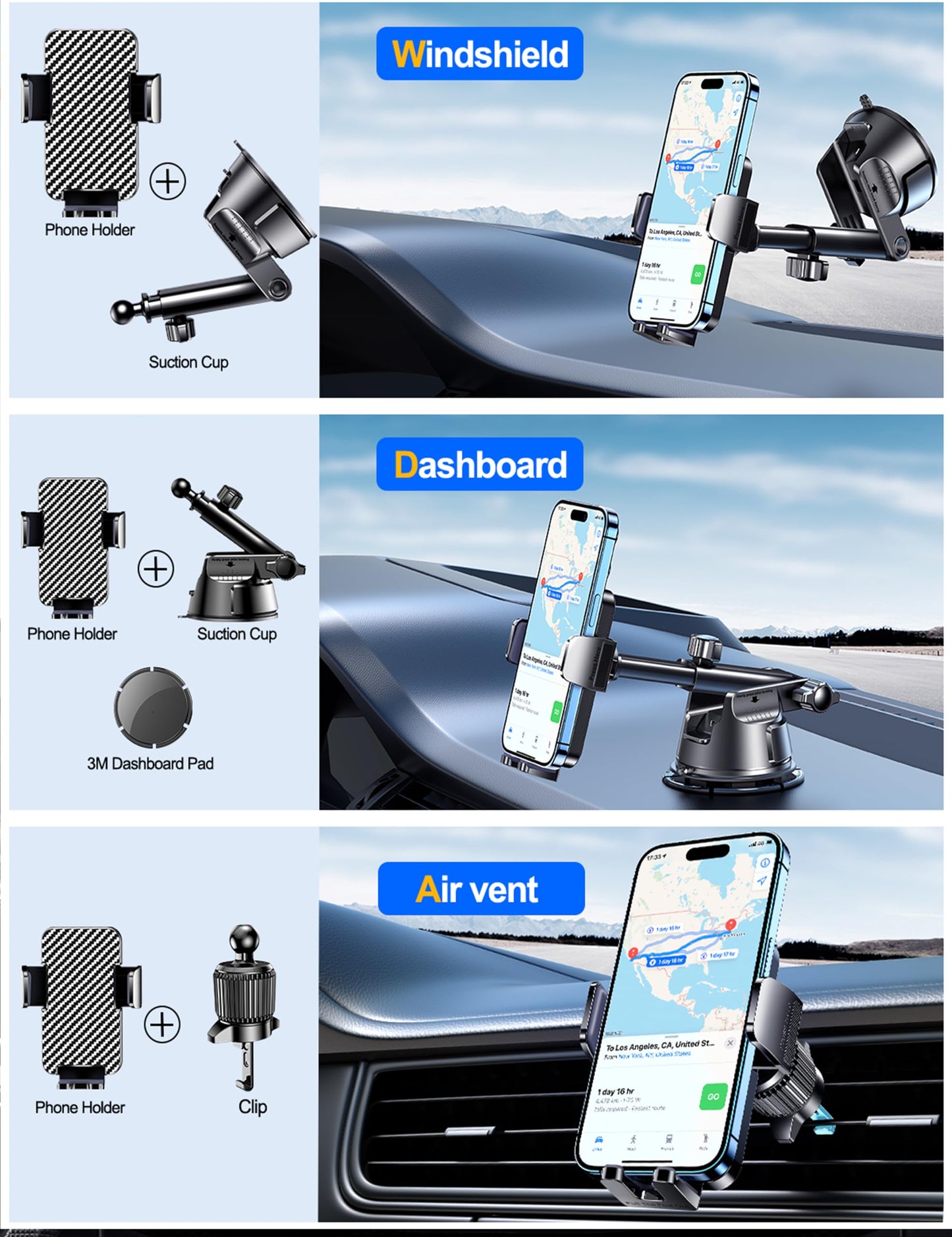 Qifutan Dash Mounted Holders Phone Holders for Your Car Phone Mount for Car Windshield Dashboard Air Vent Universal Hands Free Automobile Cell Phone Holder Fit for iPhone Smartphone