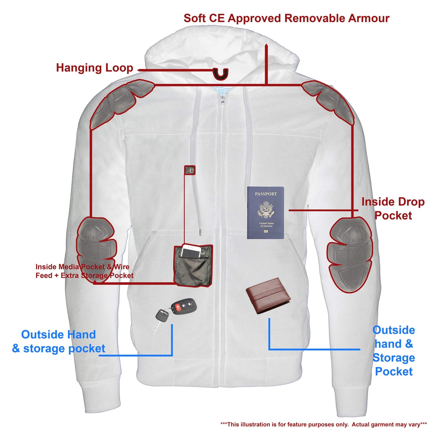 Milwaukee Leather MPM1788 Men's Black CE Approved Armored Riding Hoodie Sweater w/Aramid by DuPont Fibers - Medium