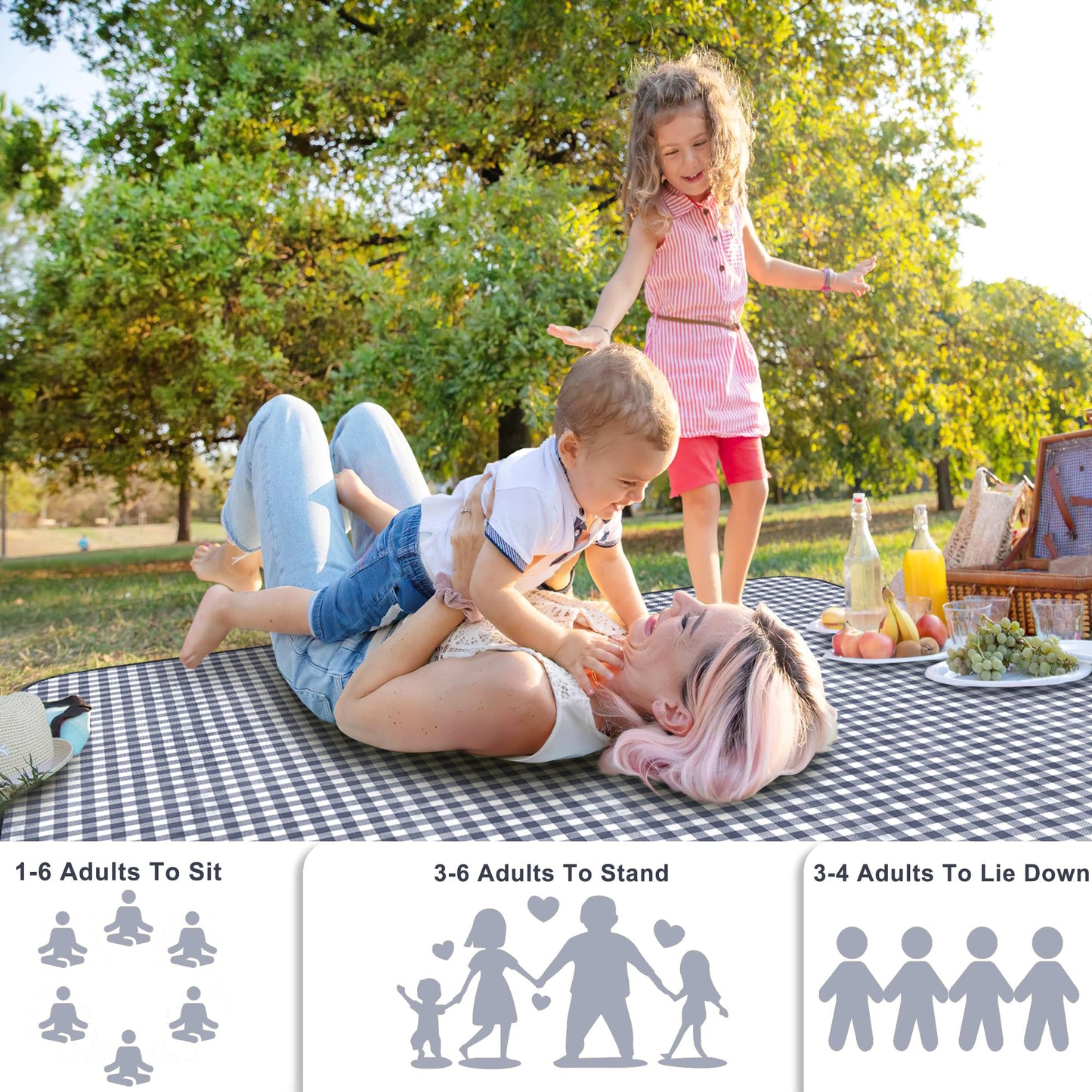 SAMSIER Outdoor Picnic Blankets Waterproof Foldable Sandproof, Extra Large Gingham Cute Picnic Mat Washable Portable for Park Beach Camping Courtyard (Navy Blue, 80"×80")