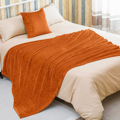 Bnuitland Burnt Orange Flannel Throw (50X71 inches) with Pillow Cover(18×18"),300GSM Super Soft Fleece Stripe Pattern Sofa Blanket, Lightweight Cozy Bed Throw for Home Decor All Season