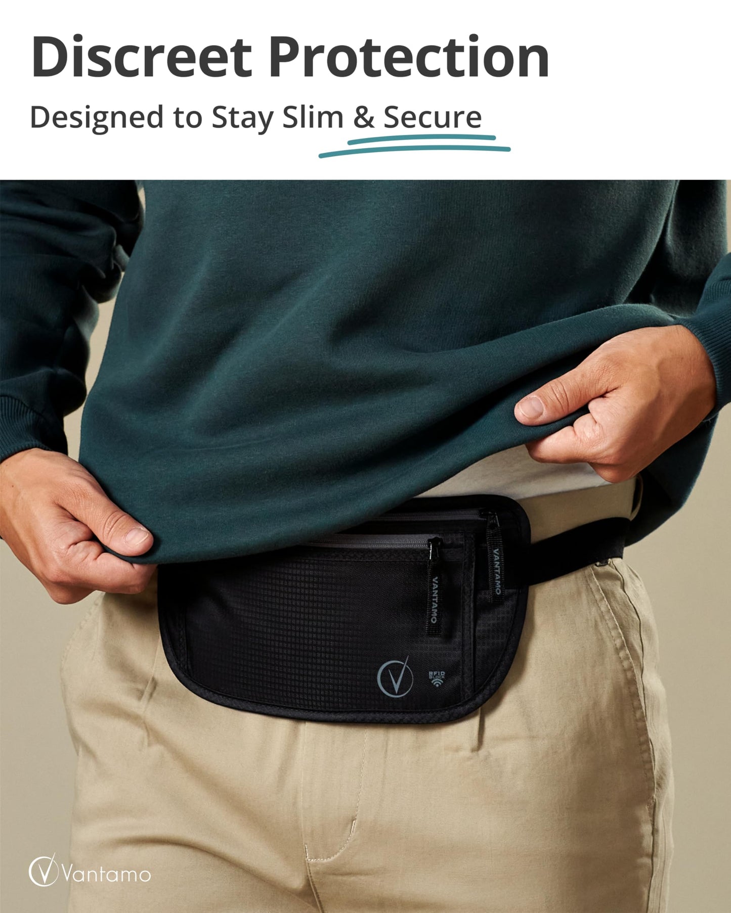 Vantamo Hidden Money Belt For Extra Safety, RFID Protected Ultra-Thin Fanny Pack, 2 Compartment Money Bag Fits Passport & Phone to Protect Valuables, Black Fanny Pack for Traveling & Hiking