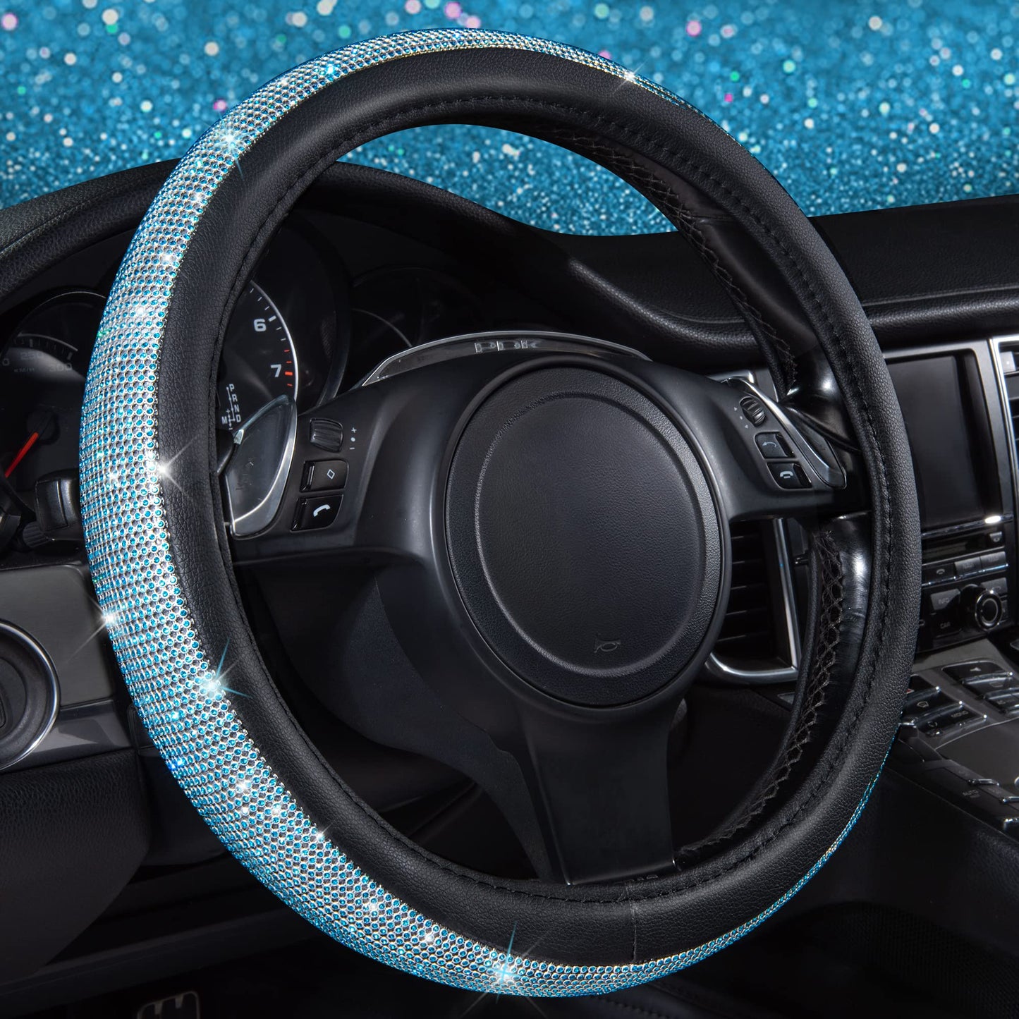 CAR PASS Mint Diamond Black Leather Steering Wheel Cover, Bling Blue Crystal Rhinestones Universal Fit 14"1/2-15" Crystal Glitter for Women Sparkle Girl Fit Suvs,Vans,Sedans,Cars,Trucks, Mint Diamond
