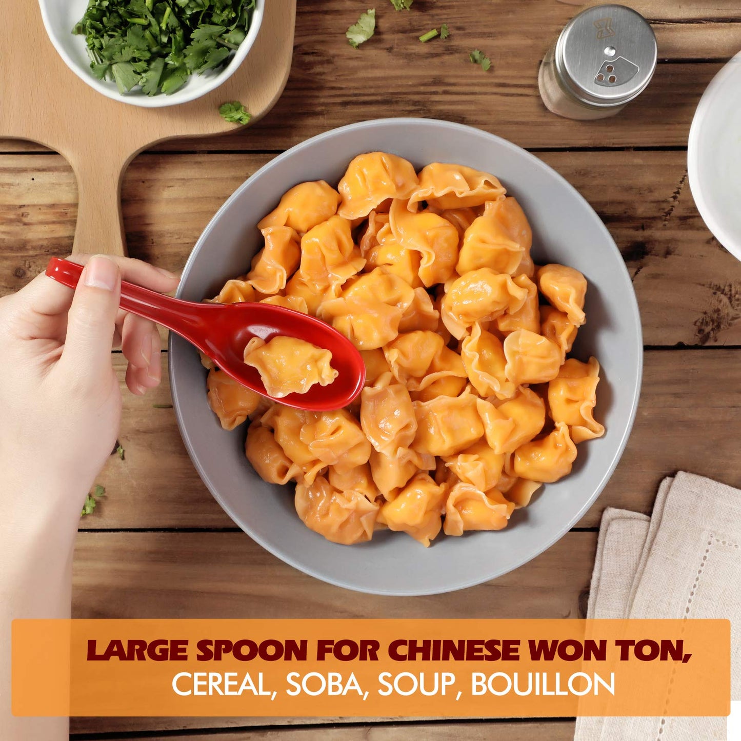 12 PACK Asian Soup Spoons, Rice Spoons, Melamine Chinese Won Ton Soup Spoon For soba, pho, ramen, Noodle, Korean Style Large Spoon with Long Handle- Notch and Hook Style, Red ＆ Black