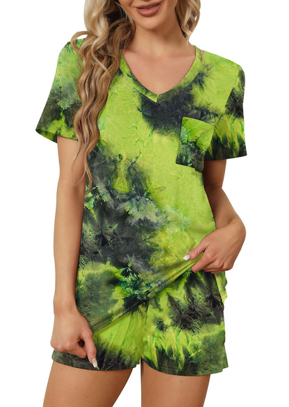 RUBZOOF Women Tracksuit Set with Pockets Short Sleeve V Neck Casual Summer Tie Dye Pajamas Lounge Sets M