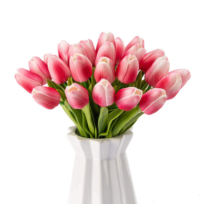 Crafare 27PC Spring Artificial Tulips Flowers Real Touch Tulips for Valentines Day Wedding Bouquets Floral Arrangement and Home Room Centerpiece Party Decor(Double Pink)