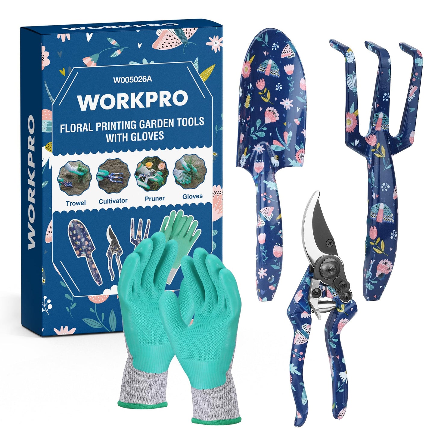WORKPRO Aluminum Garden Tool Set, 4PCS Heavy Duty Hand Garden Tools with Box Include Trowel, Rake, Pruner, Garden Gloves, Floral and Insect Printing, Garden Gifts
