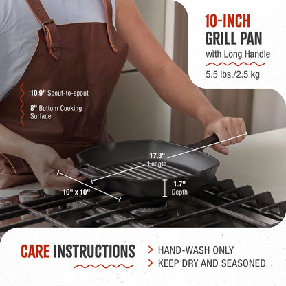 Victoria Cast Iron Grill Pan, Square Grill Pan, Cast Iron Griddle Pan, Seasoned with 100% Kosher-Certified, Non-GMO Flaxseed Oil, Black, 10 Inches