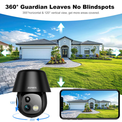 Solar Security Cameras Wireless Outdoor, 2K Pan/Tilt 360° View Solar/Battery Powered WiFi Cameras for Home Security with AI Motion Detection, Spotlight, 2-Way Audio, Siren, IP65, SD/Cloud Storage