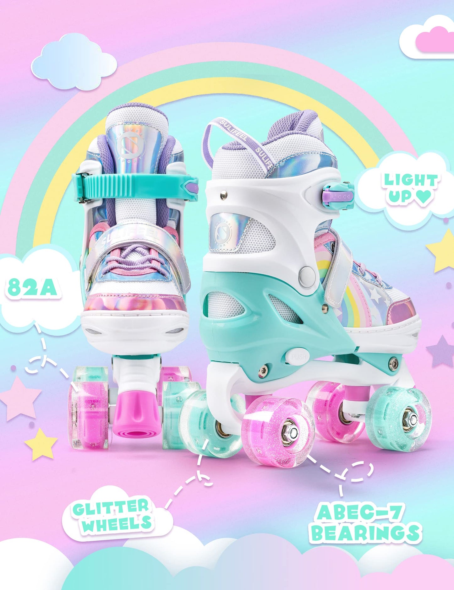 SULIFEEL Rainbow Unicorn 4 Size Adjustable Light up Roller Skates for Girls Boys for Kids Medium