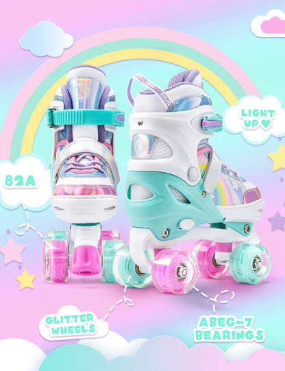 SULIFEEL Rainbow Unicorn 4 Size Adjustable Light up Roller Skates for Girls Boys for Kids Medium