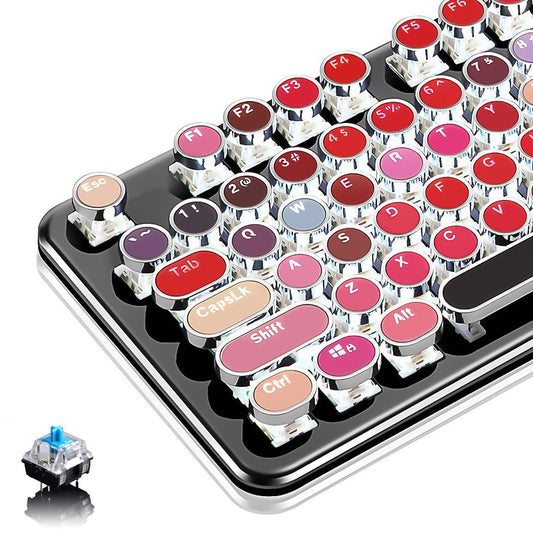 Basaltech Typewriter Style with White LED Backlight,Vintage Mechanical Gaming Keyboards with Lipstick Round Keycaps, Blue Switches 104-Keys Wired Keyboard Metal Panel for Laptop/pc
