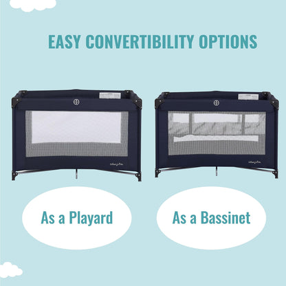 Dream On Me Zazzy Portable Playard with Bassinet in Navy, Packable and Easy Setup Baby Playard, Lightweight and Portable Playard for Baby with Mattress and Travel Bag