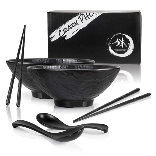TERRA HOME Ramen Bowl and Spoon Set with Chopsticks - Large Pho Bowls and Spoons Set Unbreakable Japanese Melamine Ramen Bowl - 6 Piece Matte Black Asian Ramen Noodle and Soup Bowls - 54 Ounce