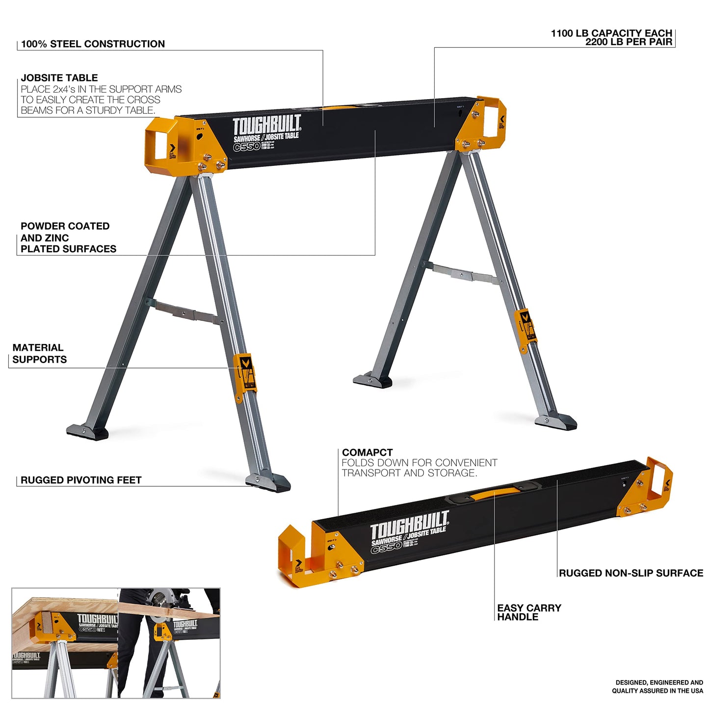 ToughBuilt - Folding Sawhorse/Jobsite Table - Sturdy, Durable, Lightweight, Heavy-Duty, 100% High Grade Steel, 41.5-Inch Easy Carry Handle - (TB-C550)