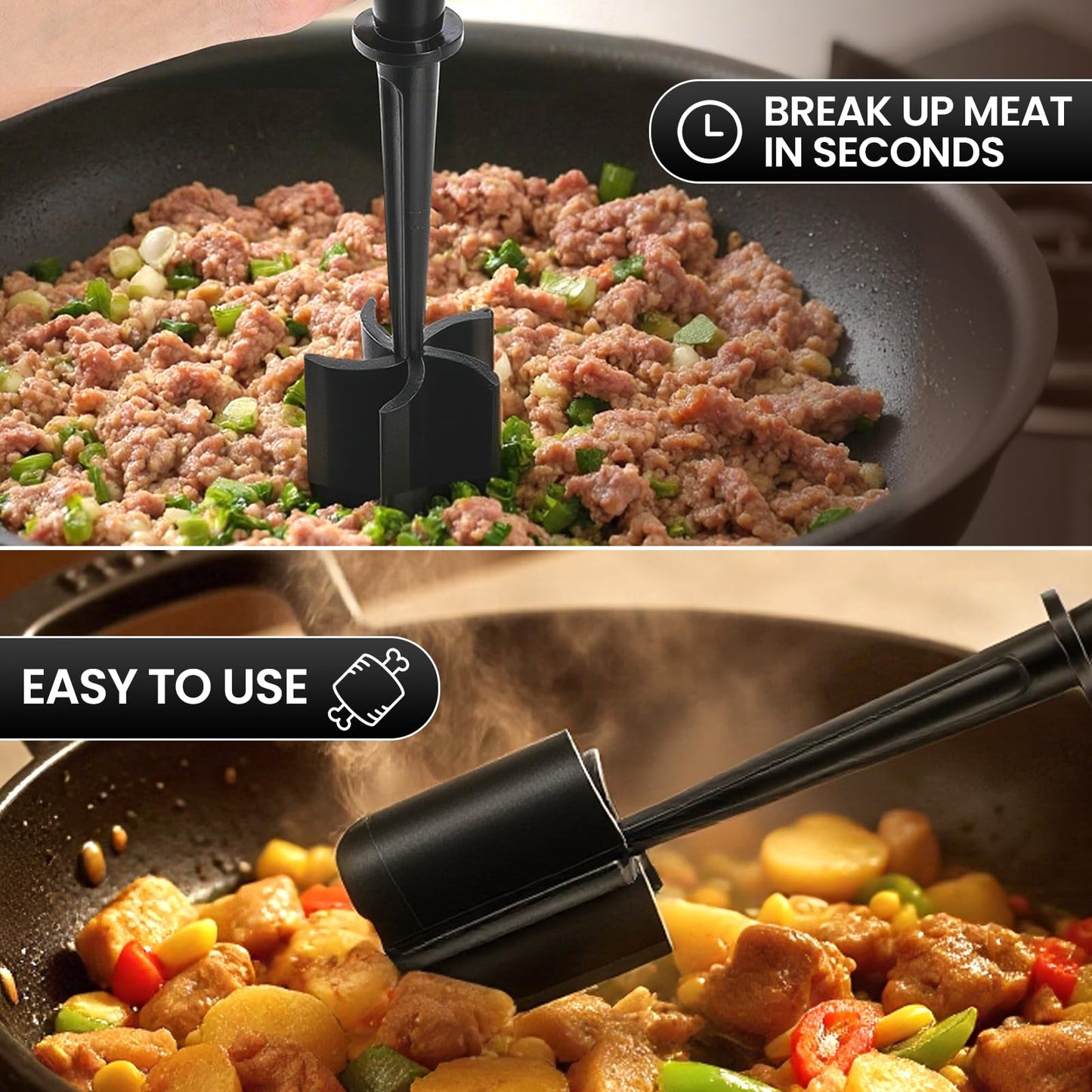 CUNSENR Premium Meat Chopper - 5 Curve Blade Ground Beef Smasher Tool - Heat-Resistant Nylon Meat Masher for Ground Beef, Hamburger, Potatoes - Non-Stick Ground Meat Chopper for Easy Mixing - Black