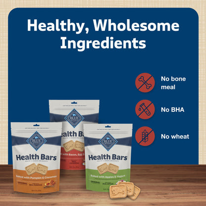 Blue Buffalo Health Bars Crunchy Dog Biscuits, Variety Pack, Bacon, Egg & Cheese, Apple & Yogurt, Pumpkin & Cinnamon, 16-oz Bags