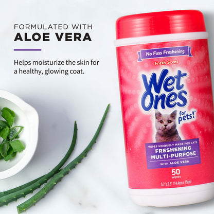 Wet Ones for Pets Freshening Multipurpose Wipes for Cats with Aloe Vera, Fresh Scent - Easy to Use Cat Cleaning Wipes for Pet Grooming in Canister, 50 Count