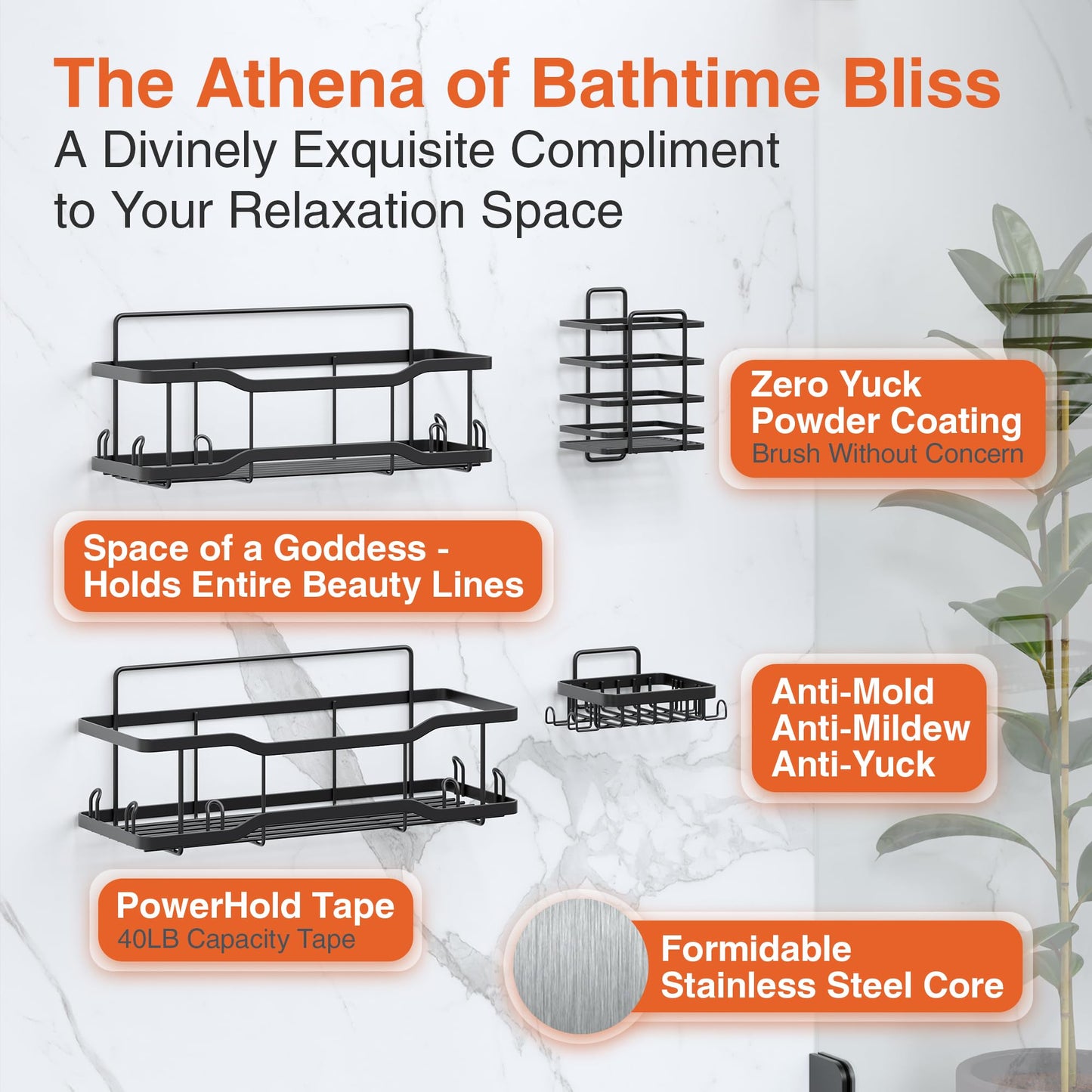 Shower Caddy Bathroom Shelves, The Athena Silken 4 Set, 40LB Capacity, Adhesive Tape No Drill - Rustproof -Gorgeous Powder Coated 304 Stainless Steel Shower Organizer for kitchen & Home Decor - Black