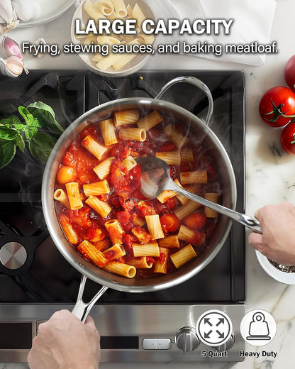 Cooks Standard Classic Stainless Steel Saute Pan 11-inch, 5 Quart Induction Cookware Deep Frying Pan Cooking Skillet with Lid, Stay-Cool Handle