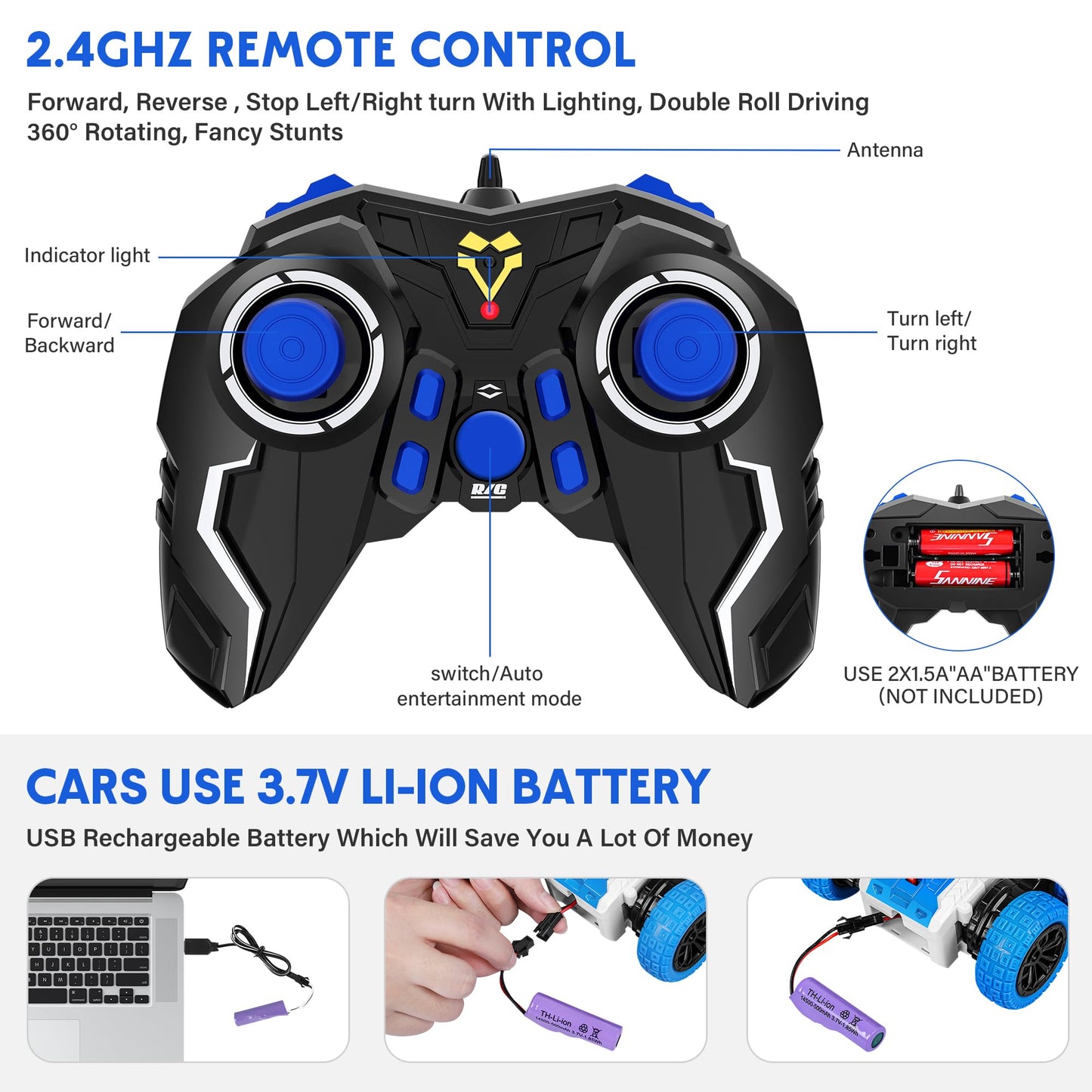 Remote Control Car, Double Sided RC Car, 4WD Off-Road Stunt Car with 360° Flips, 2.4Ghz Indoor Outdoor All Terrain Rechargeable Electric Toy Cars Gifts for Boys Kids 3 4 5 6 7 8 9 10 11 12 Year Old