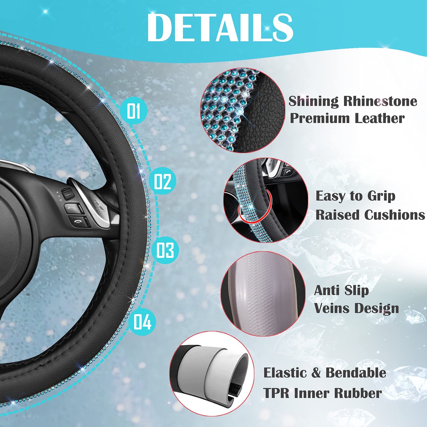 CAR PASS Mint Diamond Black Leather Steering Wheel Cover, Bling Blue Crystal Rhinestones Universal Fit 14"1/2-15" Crystal Glitter for Women Sparkle Girl Fit Suvs,Vans,Sedans,Cars,Trucks, Mint Diamond
