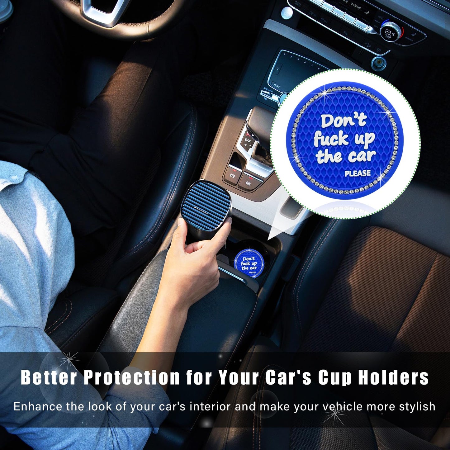 Ziciner 4 Pack Bling Car Cup Holder Coaster, 2.75 Inch Anti-Slip Auto Insert Cup Coaster, Crystal Car Drink Cup Mat Perfect for Women Girls, Universal Interior Decor Accessories (Blue)