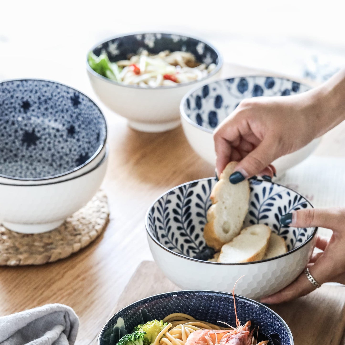 Swuut Japanese Style Ceramic Cereal Bowls,24 Ounces Salad,Soup Ramen Pho Salad Bowl Set of 6,Blue and White Microwave Safe (6 inch)