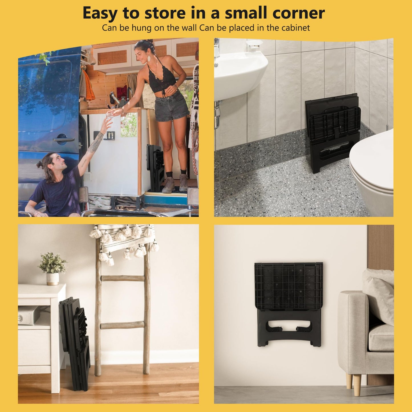 AMOISE Amoise Folding 2-Step Stool, Non-Slip Portable Footstool 8'' & 17'' Dual Heights, Holds 300 lbs, Portable Footstool for Kitchen Home Toilet Bedroom Office Bathroom RV(Black)