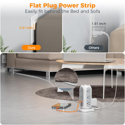 Surge Protector Power Strip Tower 10 Ft, TESSAN Flat Plug Extension Cord with 11 AC Outlets 3 USB Ports (1 USB C), 1050J Protection Charging Station for Home, Office Supplies, Dorm Room Essentials