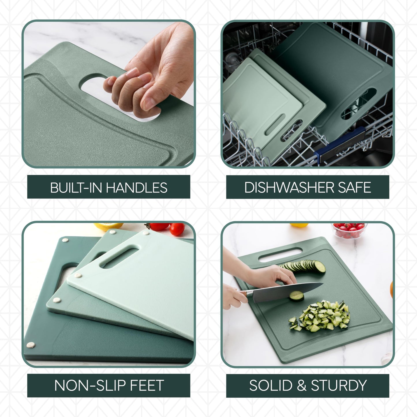 COOK WITH COLOR Non-Slip Cutting Board Set – Kitchen Essentials with Easy Grip Handle for Meat, Veggies, and Fruits, 3 Cutting Boards, Mint