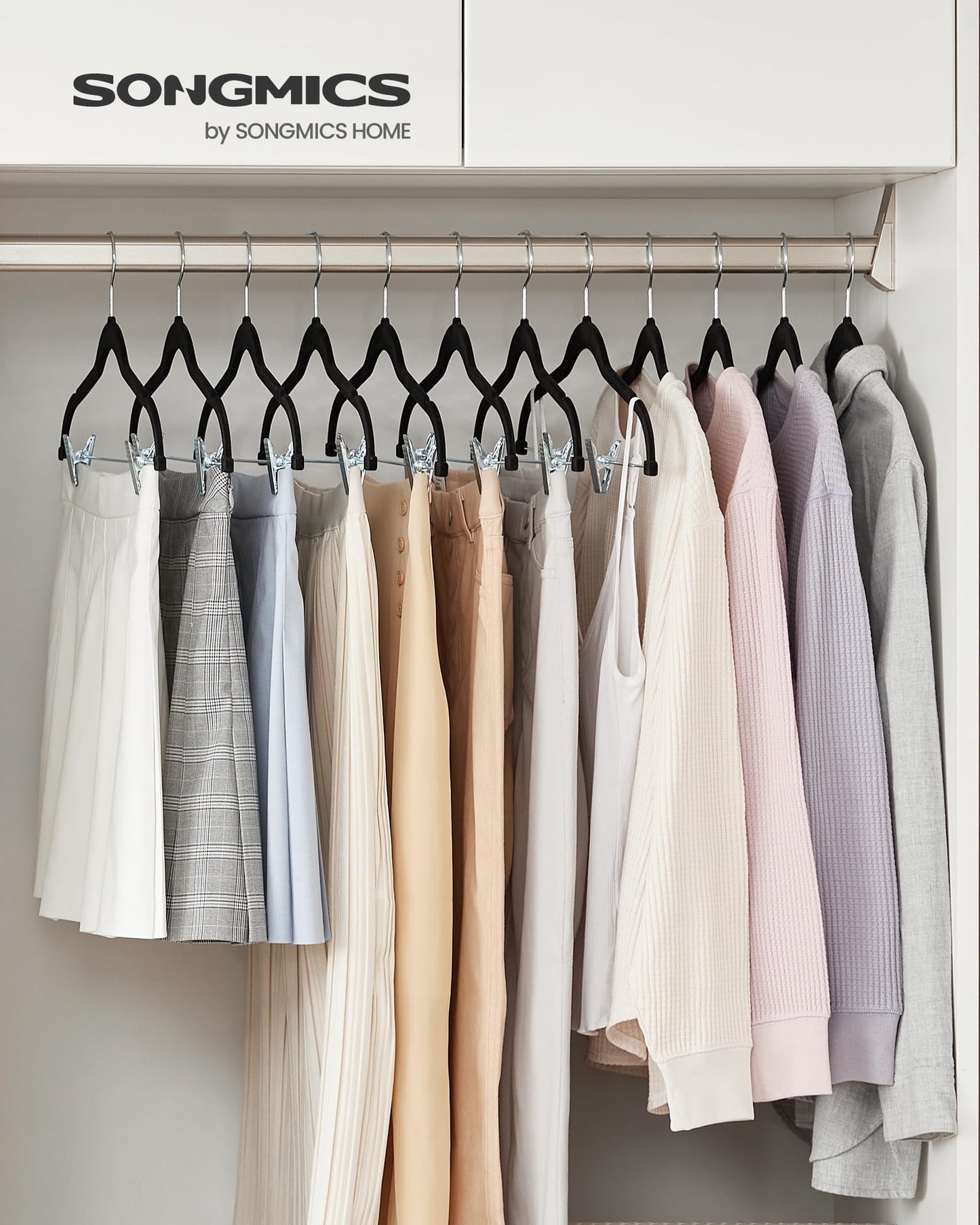 SONGMICS 30-Pack Pants Hangers, 16.7-Inch Long Velvet Hanger with Adjustable Clips, Heavy-Duty, Non-Slip Skirt Hangers, Space-Saving for Pants, Skirts, Coats, Dresses, Black UCRF12B30