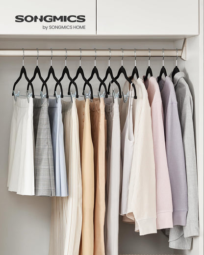 SONGMICS 30-Pack Pants Hangers, 16.7-Inch Long Velvet Hanger with Adjustable Clips, Heavy-Duty, Non-Slip Skirt Hangers, Space-Saving for Pants, Skirts, Coats, Dresses, Black UCRF12B30