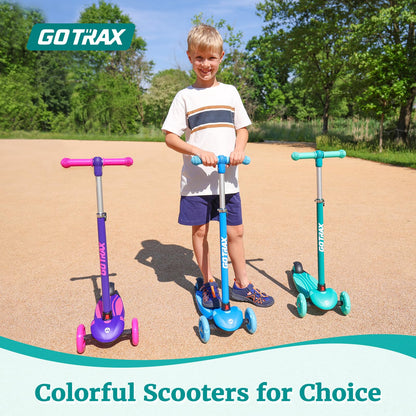Gotrax KS1 Kids Kick Scooter, LED Lighted Wheels and 3 Adjustable Height Handlebars, Lean-to-Steer & Widen Anti-Slip Deck, 3 Wheel Scooter for Boys & Girls Ages 2-8 and up to 100 Lbs (Blue)