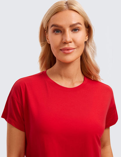 CRZ YOGA Women's Pima Cotton Workout Short Sleeve Shirts Loose Athletic Crop Tops Gym Casual Cropped T-Shirt Festival Red Small