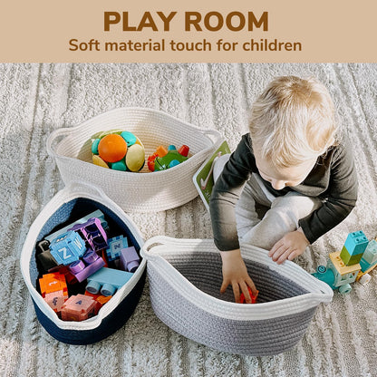 Goodpick Small Woven Storage Basket with Handles, Cotton Rope Baskets for Gifts Empty, Dog Toys, Diapers, Towels, Easter Baskets for Kids, 12" x 8" x 5", Gray