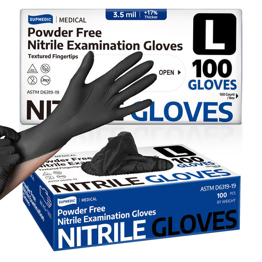 Supmedic Disposable Nitrile Gloves, Chemical Resistant, Powder-Free, Latex-Free, Food Safe, Medical Exam Gloves, Black, Large, 100 Pcs
