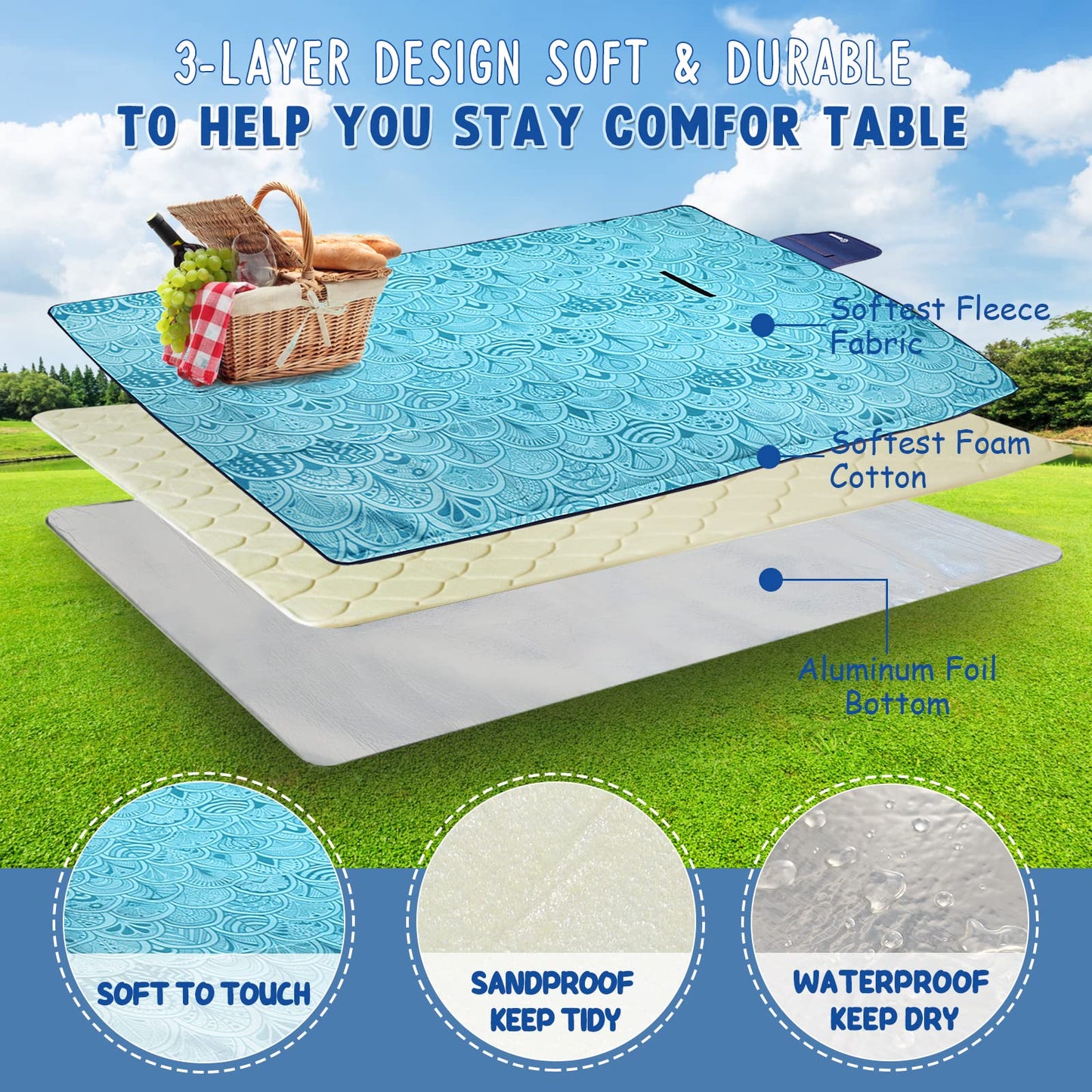 ZOMAKE Picnic Blanket Waterproof Sandproof Large Foldable Blankets,79"x79" Concert, Beach, Yard, Outdoor Grass Mat(Peacock Blue)