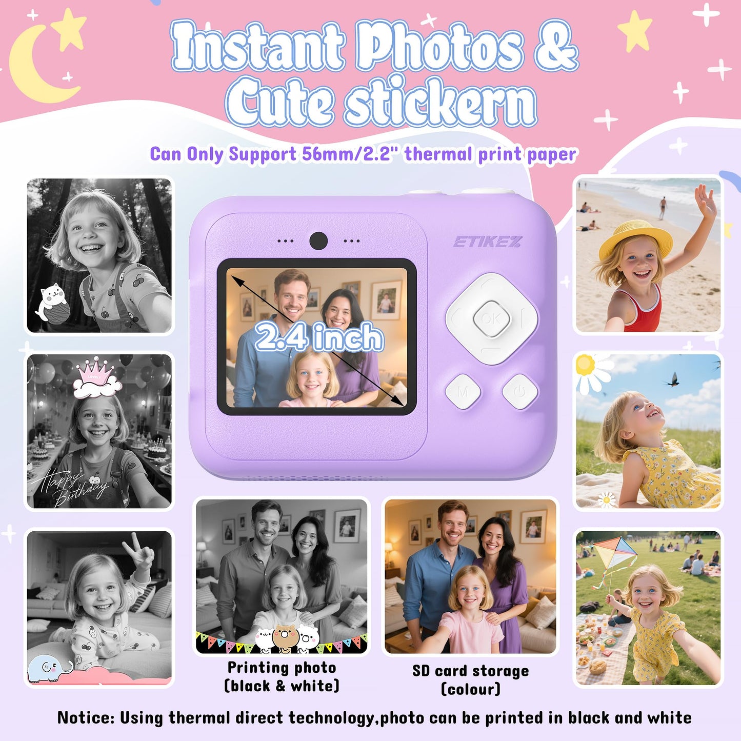 ETIKEZ Kids Camera, 1080P Instant Digital Print Camera for Kids, Christmas Birthday Gifts for 4 5 6 7 8 9 10 Year Old Girls Boys, Portable Toy with 32GB SD Card & 3 Rolls Printing Paper, Purple