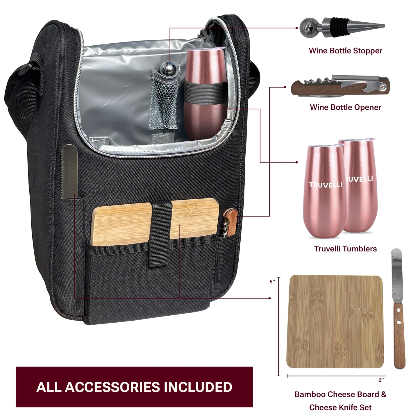 Truvelli Black Insulated Wine Tote Bag: Portable 2 Bottle Cheese Waterproof Black Canvas Carrier Picnic Kit - Stopper Attachment, Plus Wooden Charcuterie Board
