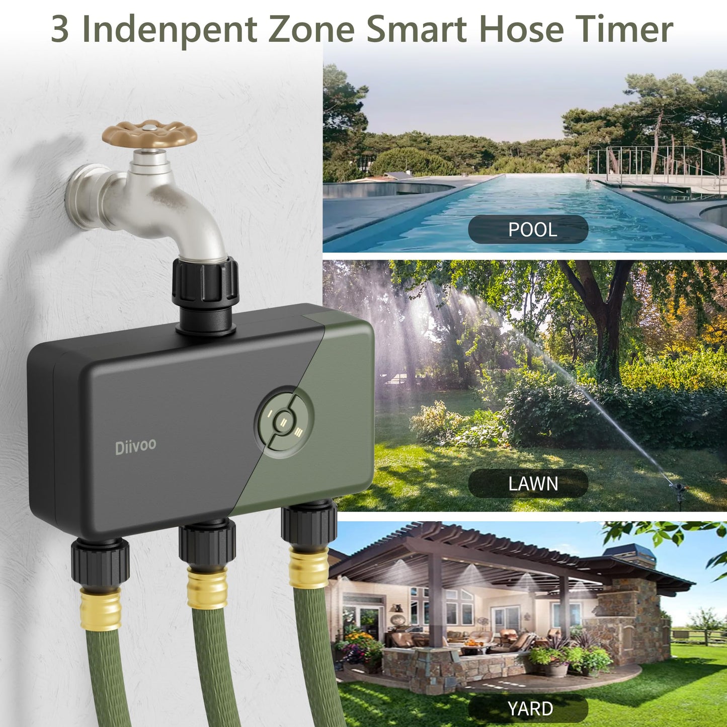 Diivoo WiFi Sprinkler Timer 3 Zone, Smart Water Hose Timer Compatible with Alexa and Google, Remote Control Irrigation, Automatic Manual Watering, Rain Delay, for Garden, Yards and Lawns (2.4Ghz Only)