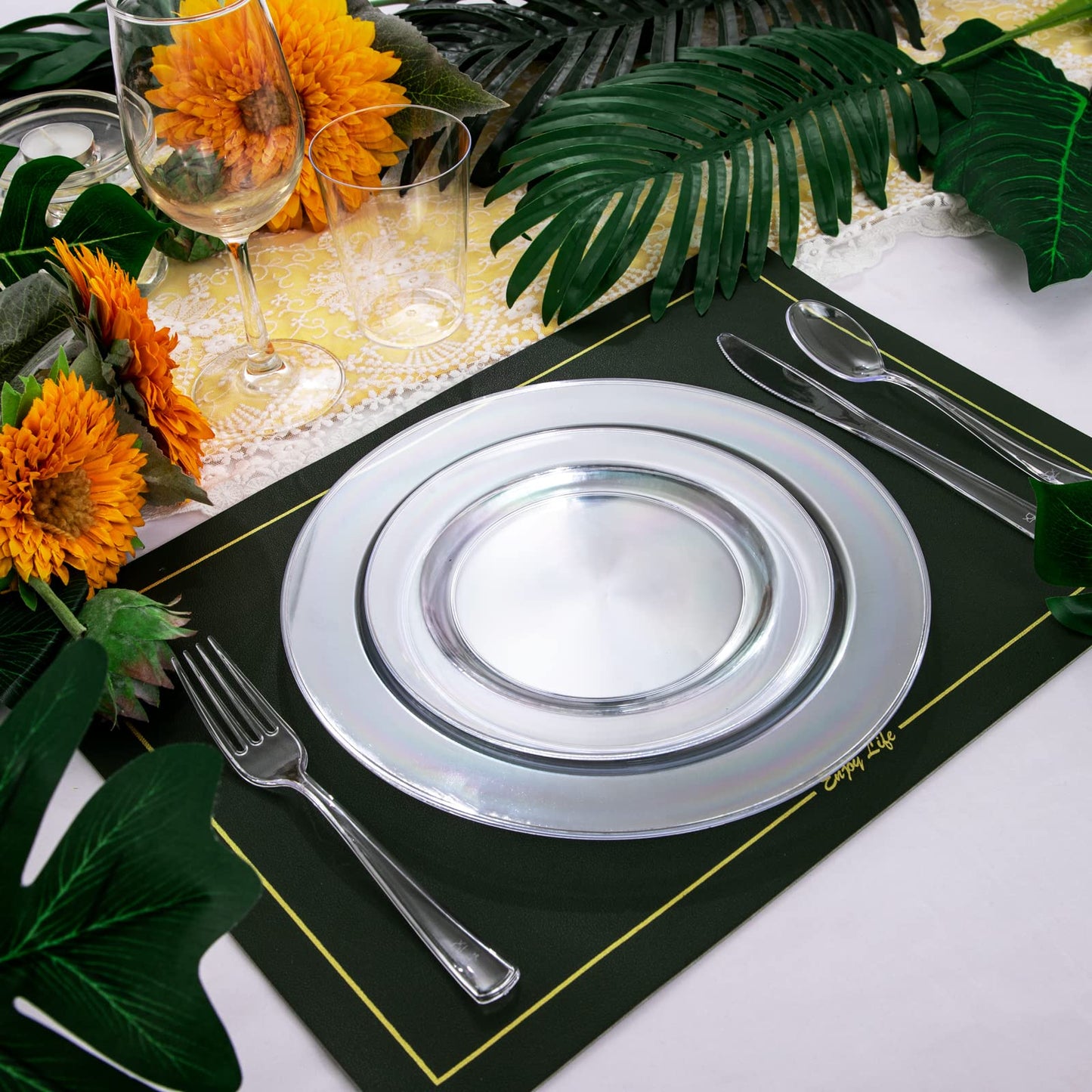 WDF 25 Guest Clear Plastic Plates with Clear Plastic Silverware - Clear Plates and Cups for Party include 25 Dinner Clear Plates, 25Salad Plates, 25Forks, 25Knives, 25 Spoons, 25Cups