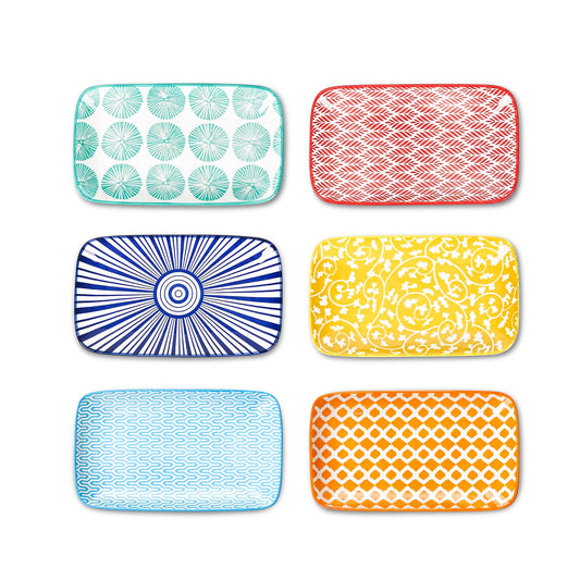 Selamica Rectangular Salad Plates, 7.1 Inch Dessert Plates Ceramic, Small Plates for Appetizer, Snack, Sushi, Fruit, Set of 6, Assorted Colors