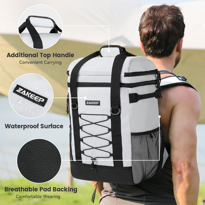 ZAKEEP Cooler Backpack, 36 Cans Multifunctional Leakproof Cooler Backpack with Padded Top Handle, Mesh Pocket for Camping BBQ (White)