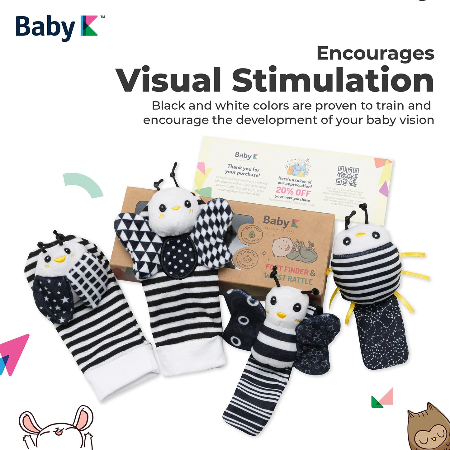 BABY K Baby Rattle Socks & Wrist Toys (Set E) - Newborn Toys for Baby Boy or Girl - Brain Development Infant Toys - Hand and Foot Rattles Suitable for 0-6, 6-12 Months Babies - Newborn Baby Gifts