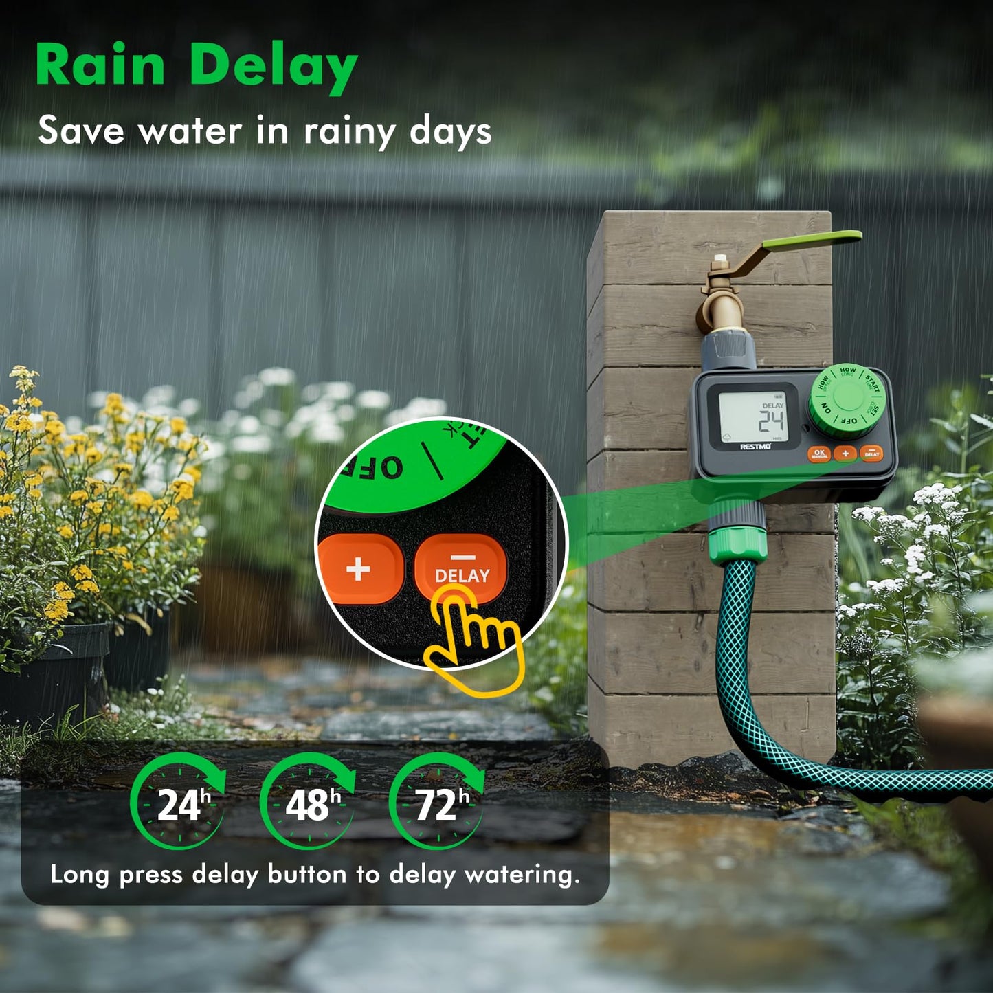 RESTMO Sprinkler Timer, Programmable Water Timer for Garden Hose, Automatic Control | Manual ON/Off | Rain Delay for Outdoor Faucet, Drip Irrigation and Lawn Watering System