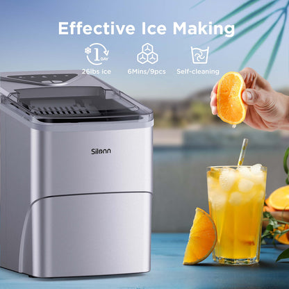 Silonn Ice Makers Countertop, 9 Cubes Ready in 6 Mins, 26lbs in 24Hrs, Self-Cleaning Ice Machine with Ice Scoop and Basket, 2 Sizes of Bullet Ice for Home Kitchen Office Bar Party, Sliver