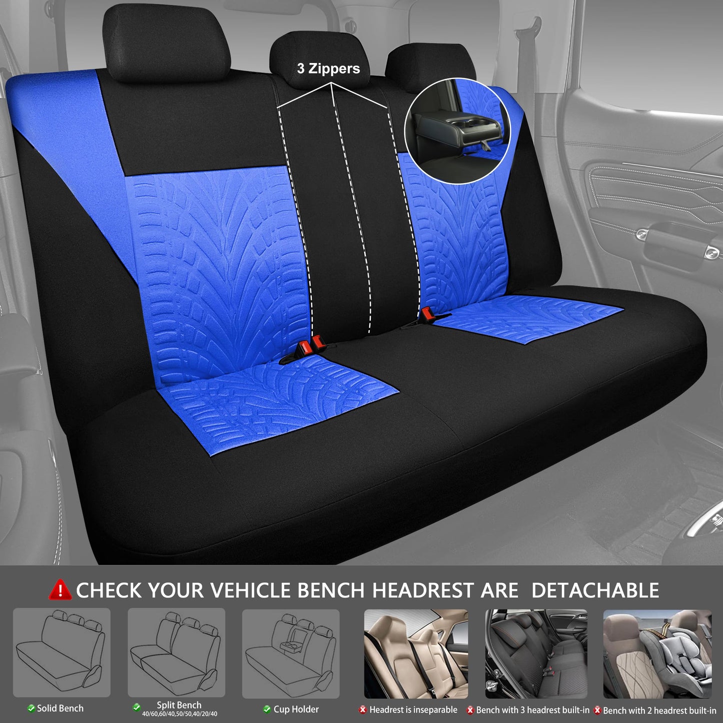 CAR PASS Car Seat Covers Full Sets, Front & Split Rear Bench for Car, 3D Tyre Embossed Automotive Interior Covers, Airbag Compatible, Quick Setup Universal Fit Seat Covers for Car, SUV(Black Blue)