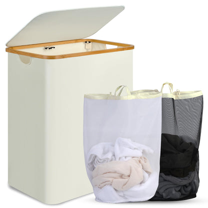 efluky Laundry Hamper with Lid, 160L Tall Laundry Basket with Bamboo Handles for Clothes and Toys, Collapsible Laundry Hamper with 2 Inner Bags for Bedroom and Bathroom, Beige